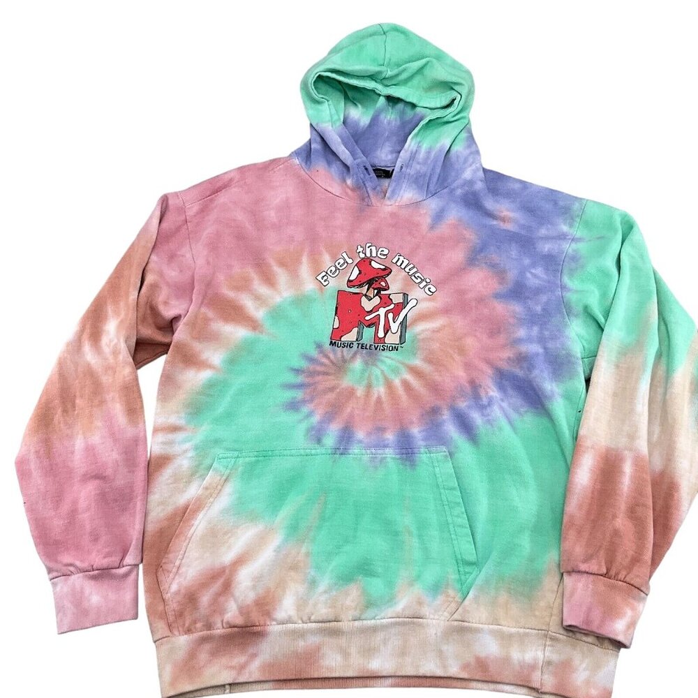 MTV Hoodie Adult XLarge Pink Green Tie Dye FEEL THE MUSIC MTV Mushrooms‎